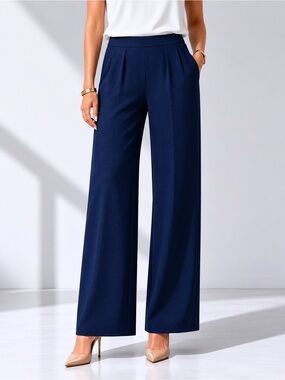 ST JOHN Santana Knit Wide Leg Pull On Pants Dark Navy Blue High Rise sz 10